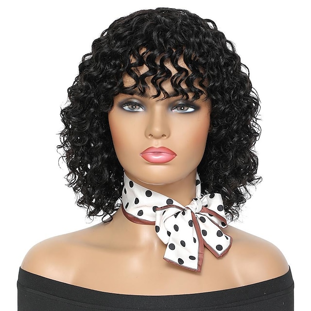  Afro Curly Wig Human Hair Full Wig 100% Real Hair Afro Curls Wigs For Black Highlight Women Wave Short Black Curls Machine Wig