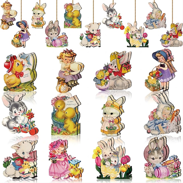  24 pièces ornements de Pâques à suspendre pour arbre ornement de Pâques vintage en bois rétro printemps tranches de bois ornements décorations en bois d'elfe avec corde pour fête de Pâques