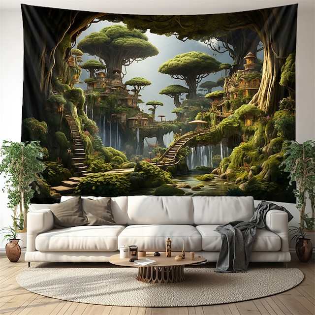  trehus skog hengende billedvev veggkunst stor billedvev veggmaleri dekor fotografi bakteppe teppe gardin hjem soverom stue dekorasjon