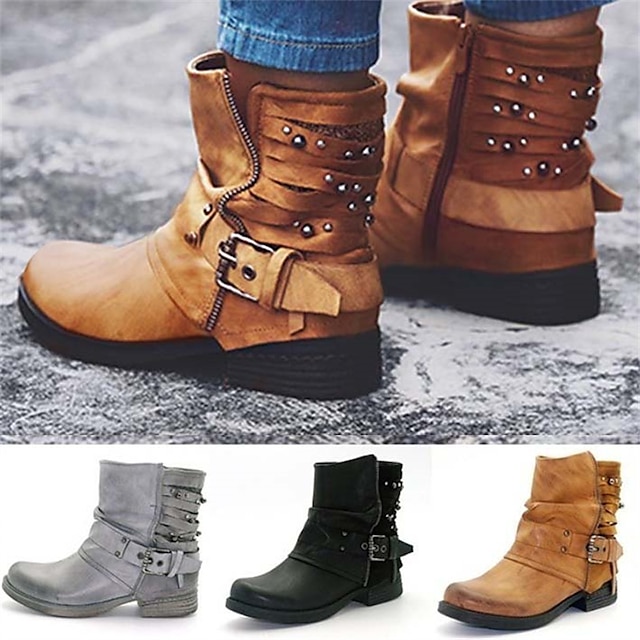  Women's Boots Motorcycle Boots Plus Size Work Boots Outdoor New Year Daily Booties Ankle Boots Buckle Flat Heel Round Toe Vintage Casual Minimalism Faux Leather Zipper Black Brown Gray