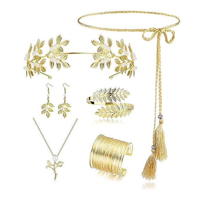  Conjunto de pendientes y collar de perlas, diadema de hojas a la moda, pulsera de alambre de hierro, conjunto de novia para Carnaval