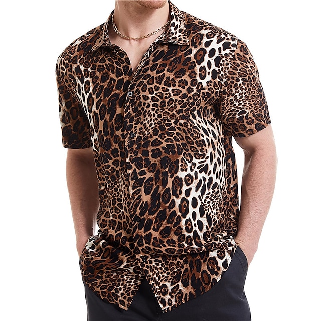  Leopard Brautkleider schlicht Herren Hemd Freizeitskleidung Ausgehen Wochenende Herbst Umlegekragen Kurze Ärmel Weiß, Rosa, Blau S, M, L 4-Wege-Stretchgewebe Hemd