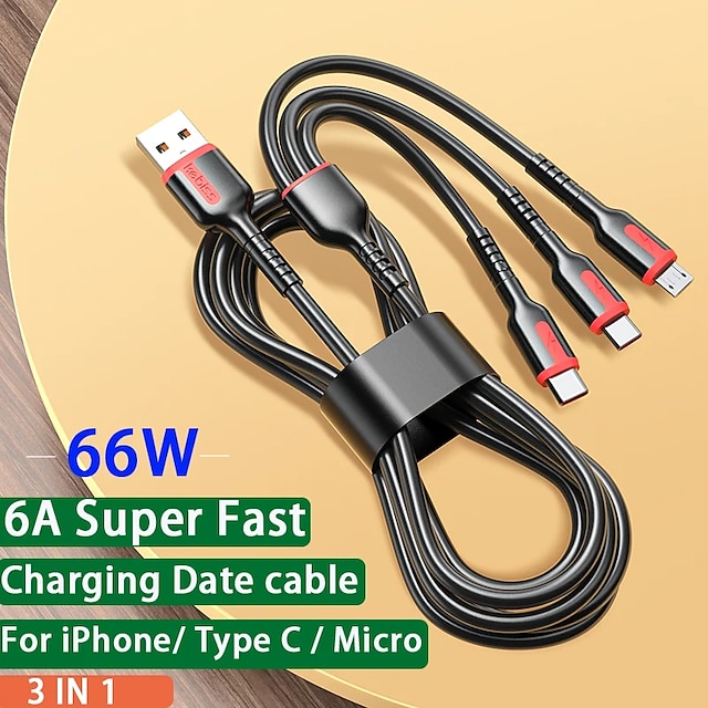  Suitable For Type-C Android Super Fast Charging 3-in-1 Cable 6A One Drag Three Phone Charging Cable