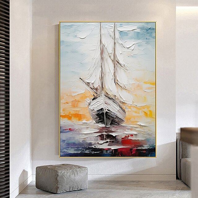  Wandkunst, großes Gemälde, handgemaltes abstraktes Segelboot-Ölgemälde auf Leinwand, original nautische Leinwand-Wandkunst, Schiffswandkunst, moderne Meereslandschaft, Ölgemälde für Wohnzimmer, fertig