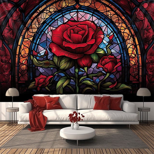  βιτρό τριαντάφυλλο κρεμαστή ταπισερί τοίχου τέχνη μεγάλη ταπετσαρία τοιχογραφία διακόσμηση φωτογραφία σκηνικό κουβέρτα κουρτίνα σπίτι υπνοδωμάτιο διακόσμηση σαλονιού