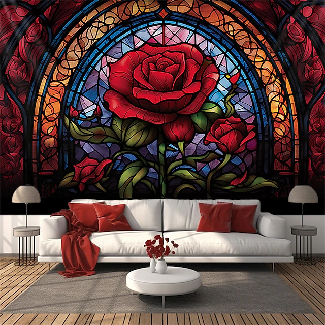 Valentine's Day Stained Glass Rose Hanging Tapestry Wall Art Large Tapestry Mural Decor Photograph Backdrop Blanket Curtain Home Bedroom Living Room Decoration 17