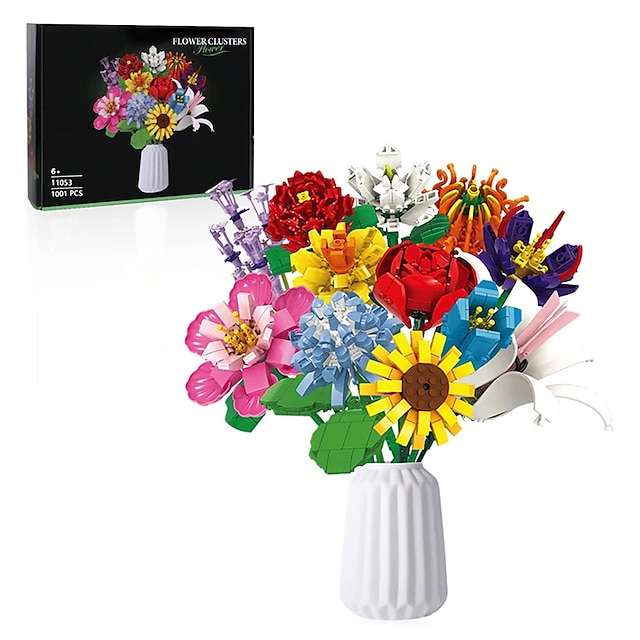  מתנות ליום האישה סט בנייה זר פרחים 12 צעצוע לבניית פרחים מלאכותיים (1001 יח') מתאים לילדים 6 ומבוגרים יום האהבה לילדות מתנות ליום האם לאמא