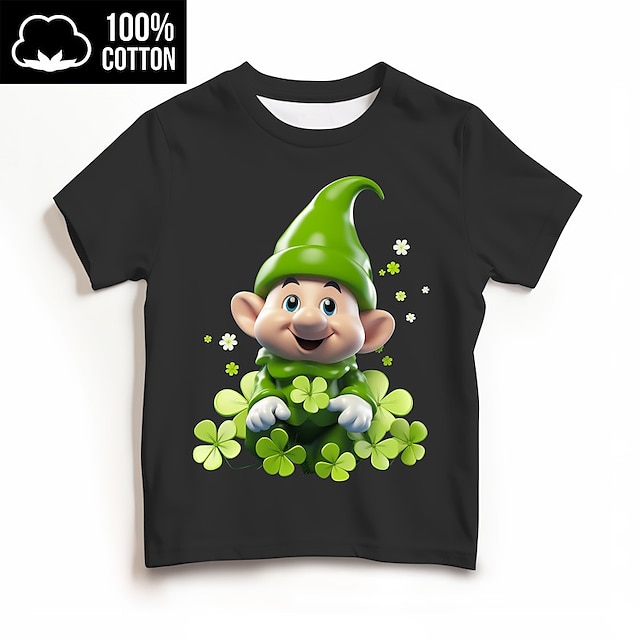  St. Patrick Girls' 3D Four Leaf Clover Tee Shirt Short Sleeve 3D Print Summer Active Fashion Cute 100% Cotton Kids 3-12 Years Crew Neck Outdoor Casual Daily Regular Fit