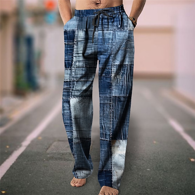  färgblock geometri vintage byxor med 3d print för män byxor utomhus dagligt slitage streetwear polyester blå brun grön s m l byxor med elasticitet i medelhög midja