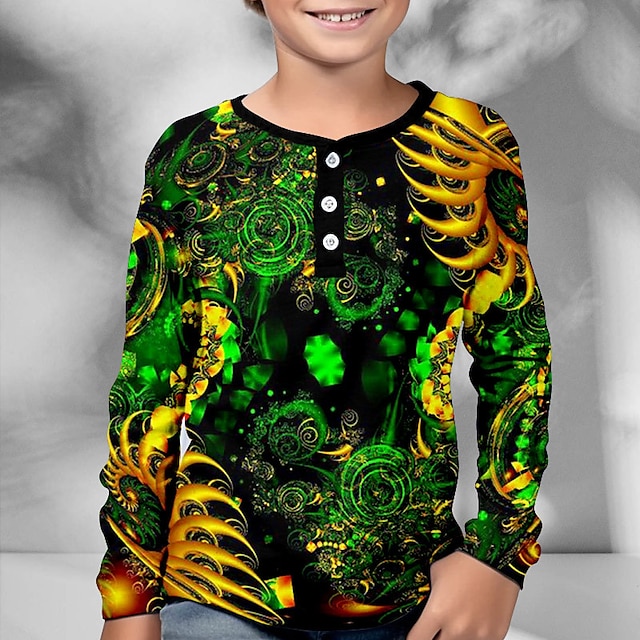  St. Patrick Drenge 3D Grafisk Henley skjorte Langærmet 3D-udskrivning Forår Efterår Sport Mode Gade Polyester Børn 3-12 år Rund hals udendørs Afslappet Daglig Regulær