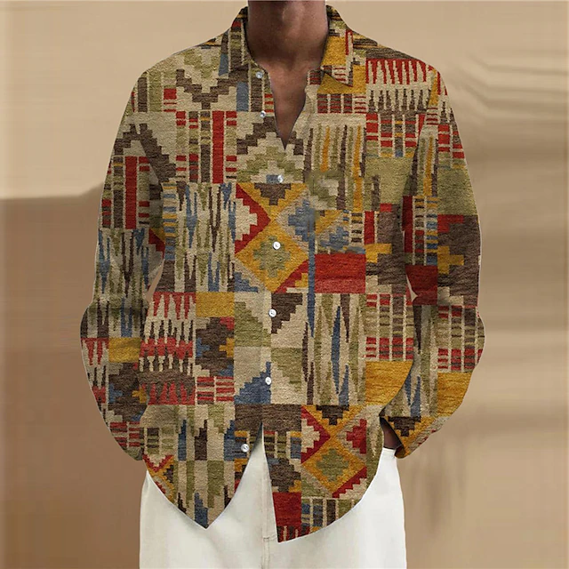 Men's Geometric Pattern Ethnic Shirt Button Up Shirt Long Sleeve Vintage Tribal Daily Wear Going out Fall & Winter Turndown Print Button-Down Blue Brown3
