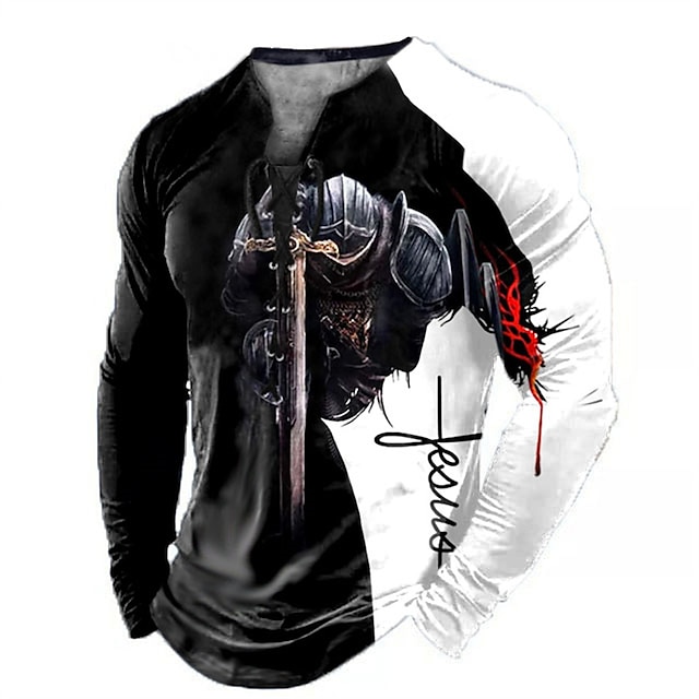  Graphic Knights Templar Faith Fashion Daily Outdoor Men's 3D Print T shirt Tee Casual Holiday Going out T shirt Blue Red & White Green Long Sleeve Collar Shirt Spring &  Fall Clothing Apparel S M L