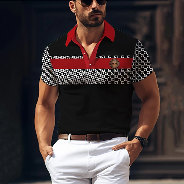 Men's Houndstooth Polo Shirts Golf Shirt Short Sleeve Polo Shirts Collared Shirts Business Casual WorkWear Formal Wear Festival Wear Buttons 3D Print Spring & Summer Yellow Red Blue 6