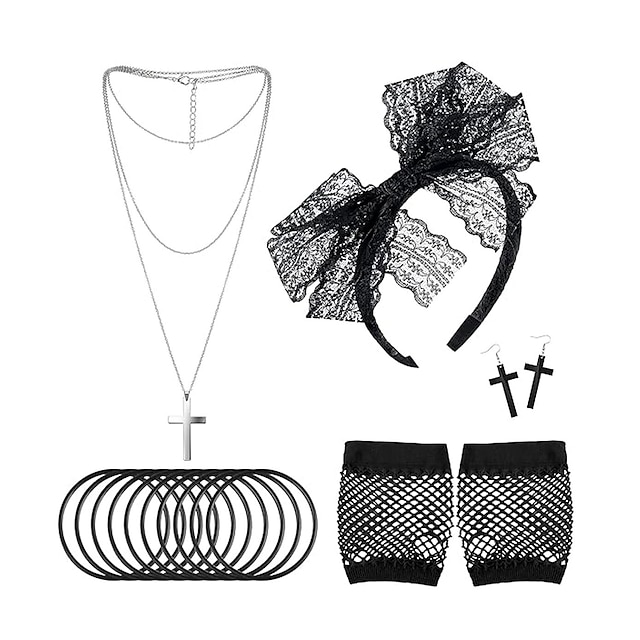  Conjunto de diadema de encaje, pulsera, collar cruzado, guantes de red de pesca negros, fiesta de los años 80