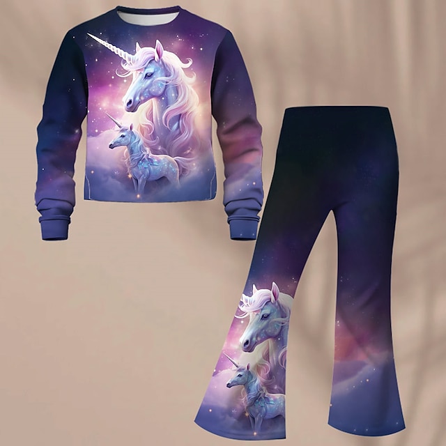  Girls' 3D Unicorn Sweatshirt & Flare Pants Set Long Sleeve 3D Print Spring Fall Active Fashion Daily Polyester Kids 3-12 Years Crew Neck Outdoor Date Vacation Regular Fit