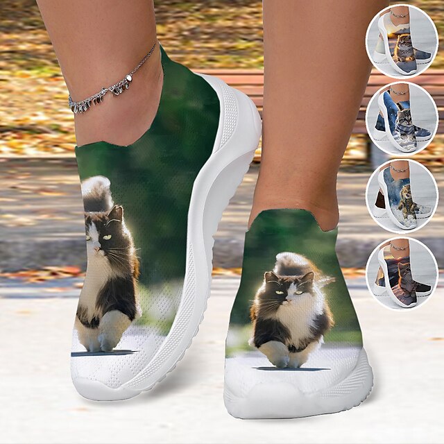 Dames Sneakers Instappers Schoenen afdrukken Grote maten Flyknit schoenen Buiten Dagelijks Kat 3D Platte hak Modieus Casual Vliegende weven Geel Rood Blauw