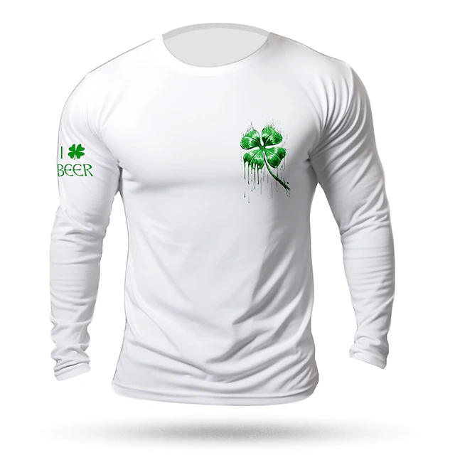 St.Patrick's Day Four Leaf Clover Saint Patrick Day Black White Dark Blue T shirt Tee Men's Graphic Cotton Shirt Vintage Basic Shirt Long Sleeve Comfortable Tee Sports Outdoor Holiday Spring Fall4