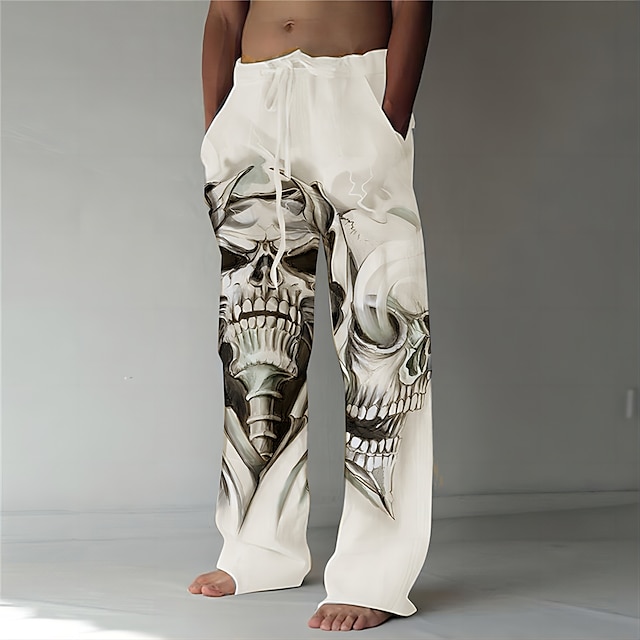  Men's Trousers Beach Pants Straight Elastic Drawstring Design Front Pocket Straight Leg Skull Graphic Prints Comfort Soft Casual Daily Fashion Big and Tall White Green