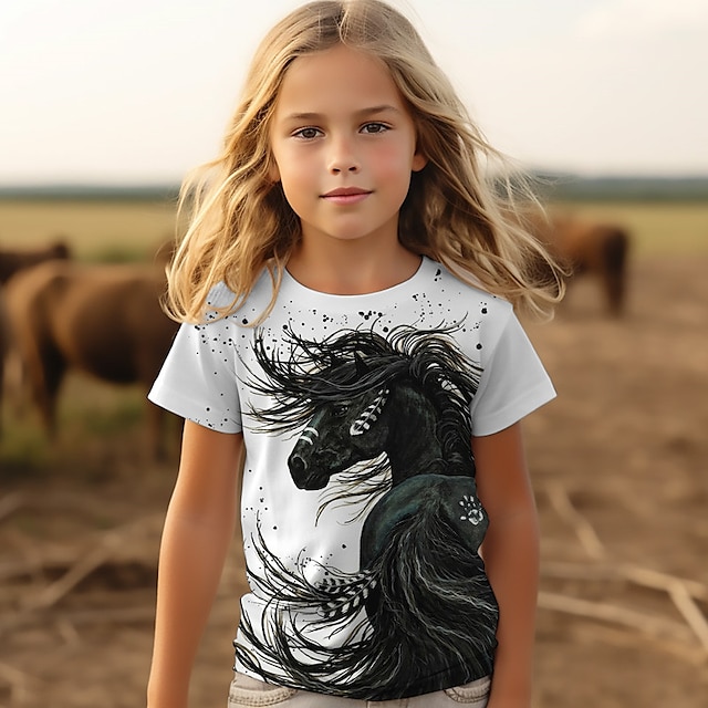  女の子 3D 馬 Ｔシャツ シャツ 半袖 3Dプリント 夏 活発的 ファッション かわいいスタイル ポリエステル 子供 3〜12年 クルーネック アウトドア カジュアル 日常 レギュラー