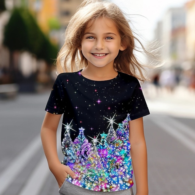  Pige 3D Træ T-shirt Skjorte Kortærmet 3D-udskrivning Sommer Forår Aktiv Mode Sød Stil Polyester Børn 3-12 år Rund hals udendørs Afslappet Daglig Regulær