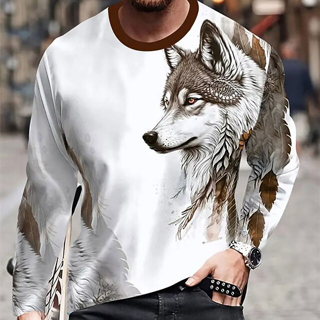 Men's Graphic Animal Wolf T Shirt Long Sleeve T shirt 3D Print Crew Neck Shirt Fashion Designer Casual Sports Outdoor Holiday Going out Burgundy Blue Brown Spring & Fall Clothing Apparel S M L XL3