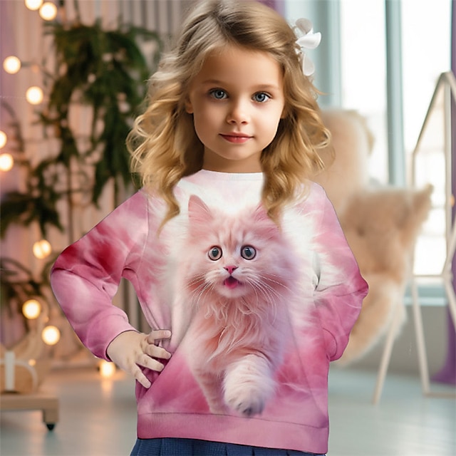  Girls' 3D Cat Sweatshirt Pullover Pink Long Sleeve 3D Print Fall Winter Fashion Streetwear Adorable Polyester Kids 3-12 Years Crew Neck Outdoor Casual Daily Regular Fit