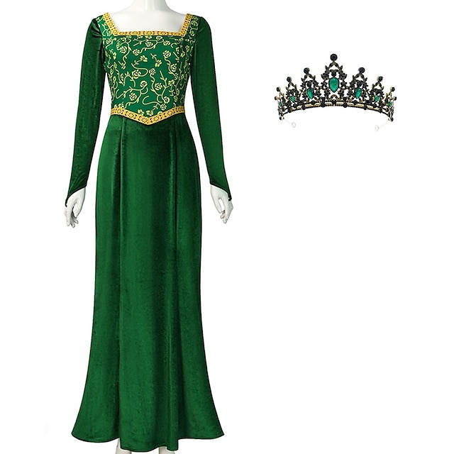  Fiona Costume Women Princess Fiona Dress Shrek Medieval Renaissance Dress Long Sleeves Green Dress Gown Dress Halloween Cosplay Party Outfit