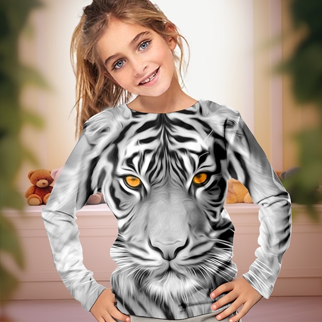  Pige 3D Tiger T-shirt Skjorte Langærmet 3D-udskrivning Forår Efterår Aktiv Mode Sød Stil Polyester Børn 3-12 år Rund hals udendørs Afslappet Daglig Regulær