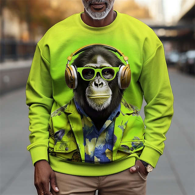  Herre Grafisk Orangutang Gensere Genser for genser Langermet Genser Crew-hals Mote Daglig Fritid 3D-utskrift Feriereise Ferie Ut på byen Trykt mønster Vår & Vinter