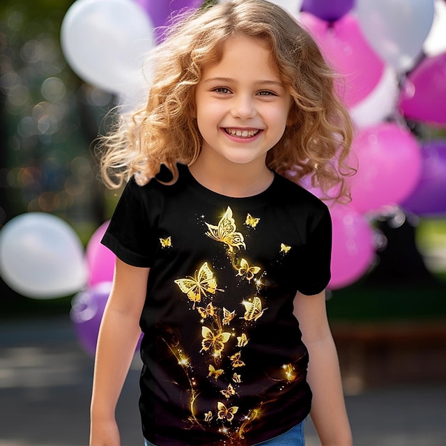  Dla dziewczynek 3D Motyl T-shirt Koszula Krótki rękaw Druk 3D Lato Aktywny Moda Śłodkie Poliester Dzieci 3-12 lat Półgolf Na zewnątrz Codzienny Regularny