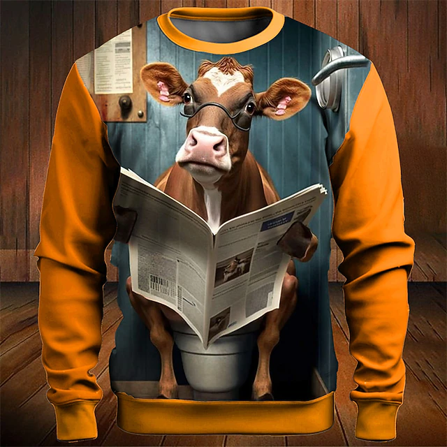 Men's Graphic Funny Cattle Sweatshirts Golf Pullover Sweatshirt Long Sleeve Sweatshirt Crew Neck Fashion Daily Casual 3D Print Vacation Holiday Going out Print Spring & Fall4