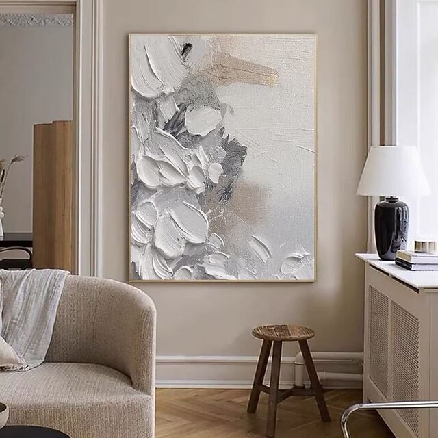 Gray and White Abstract Art Handmade Oil Painting on Canvas Wabi Sabi