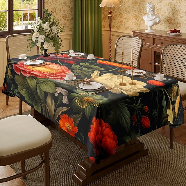  Toalha de mesa decorativa de vários tamanhos, toalha de mesa retangular lavável para presentes, jantar, cozinha, festas& acampamento, padrão floral vintage