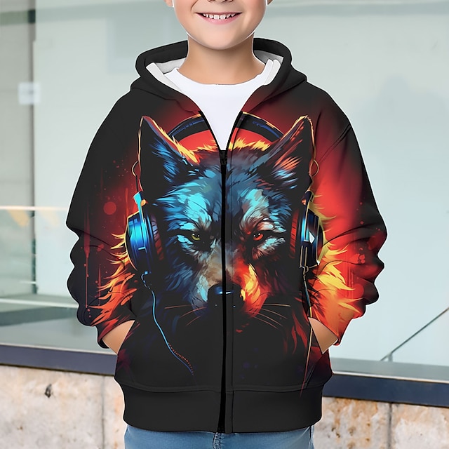  Carnaval Jongens 3D Wolf Trui met capuchon Jas Overkleding Lange mouw Herfst Winter Actief Streetwear Stoer Polyester Kinderen 3-12 jaar Rits Straat Dagelijks Normale pasvorm