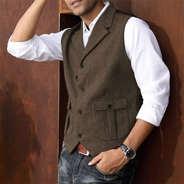 Men's Vest Waistcoat Daily Wear Vacation Going out Retro Vintage Spring &  Fall Button Polyester Comfortable Plain Single Breasted V Neck Regular Fit Black Dark Navy Coffee Gray Vest2