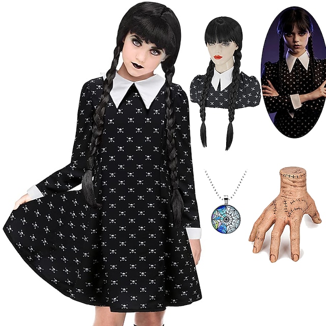  Set with Wednesday Dress Pigtails Wig Thing Necklace 4 PCS Wednesday Family Cosplay Costume For Girls Women Kids Adults Goth Gothic Punk Addams Family Movie Masquerade Carnival World Book Day