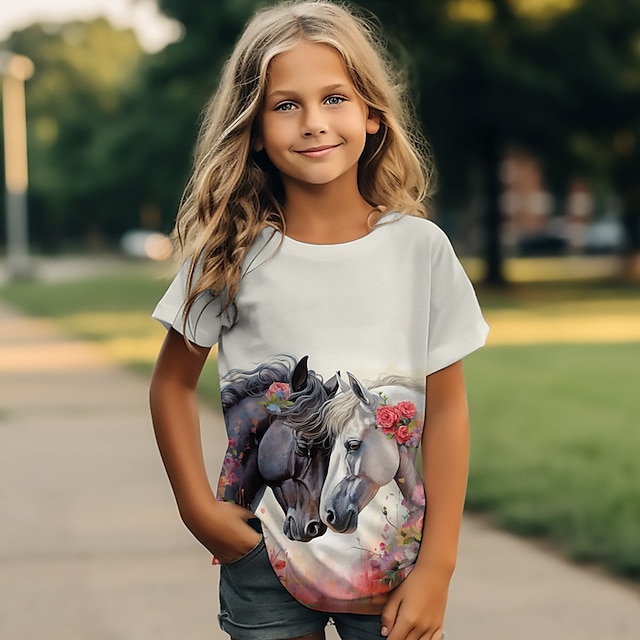  Voor meisjes 3D Paard T-shirt Overhemden Korte mouw 3D-afdrukken Zomer Actief Modieus leuke Style Kinderen 3-12 jaar Strakke ronde hals Buiten Casual Dagelijks Normale pasvorm
