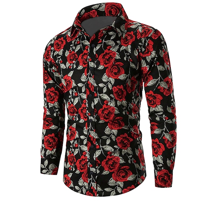  Valentinstag Herren Rose Blumenmuster Hemd Knopfhemd Langarm Brautkleider schlicht Urlaub Casual Wochenende Frühling Sommer Herbst Winter Umlegekragen Bedruckt Button-Down Violett Gelb Rote Blau