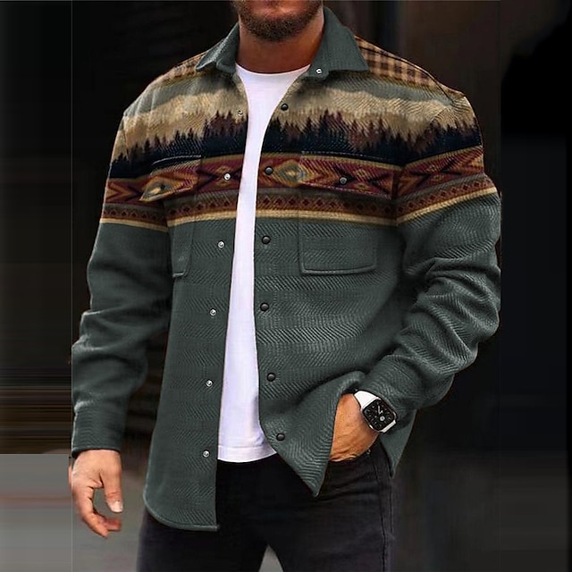  Men's Tribal Geometry Ethnic Shirt Shirt Jacket Overshirt Long Sleeve Vintage Casual Tribal Outdoor Street Casual Daily Fall & Winter Turndown Buttons Pocket Print Blue Brown Gray