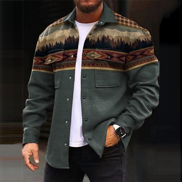 Men's Tribal Geometry Ethnic Shirt Shirt Jacket Overshirt Long Sleeve Vintage Casual Tribal Outdoor Street Casual Daily Fall & Winter Turndown Buttons Pocket Print Blue Brown Gray4
