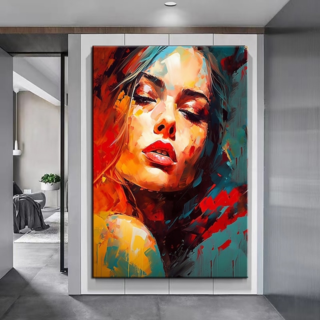  handmålad väggkonst färgrik kvinna ansikte oljemålning väggkonstmålning abstrakt kvinnlig ansiktsmålning heminredning flicka porträttbild heminredning redo att hänga eller duk
