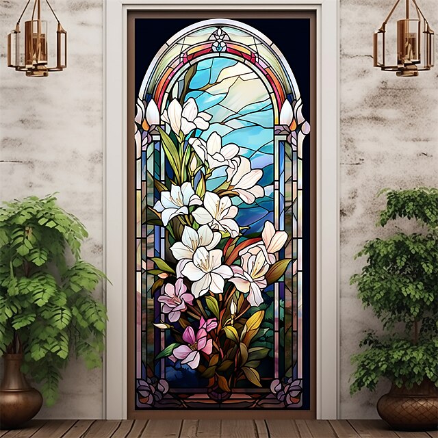  målat glas lilja dörr täcker väggmålning dekor dörr gobeläng dörr gardin dekoration bakgrund dörr banderoll avtagbar för ytterdörr inomhus utomhus hem rum dekoration bondgård dekoration tillbehör