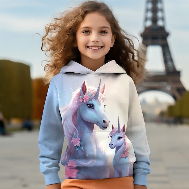  Girls' 3D Unicorn Hoodie Pullover Long Sleeve 3D Print Spring Fall Active Fashion Cute Polyester Kids 3-12 Years Hooded Outdoor Casual Daily Regular Fit