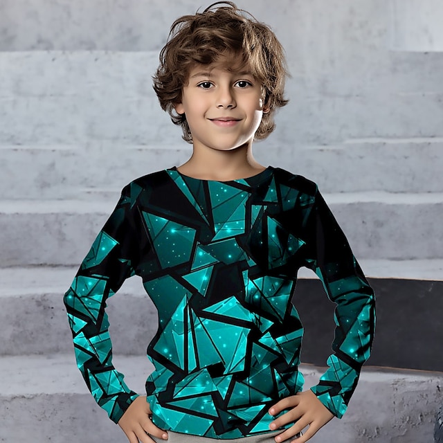  Boys 3D Geometric Tee Shirt Long Sleeve 3D Print Spring Fall Sports Fashion Streetwear Polyester Kids 3-12 Years Crew Neck Outdoor Casual Daily Regular Fit