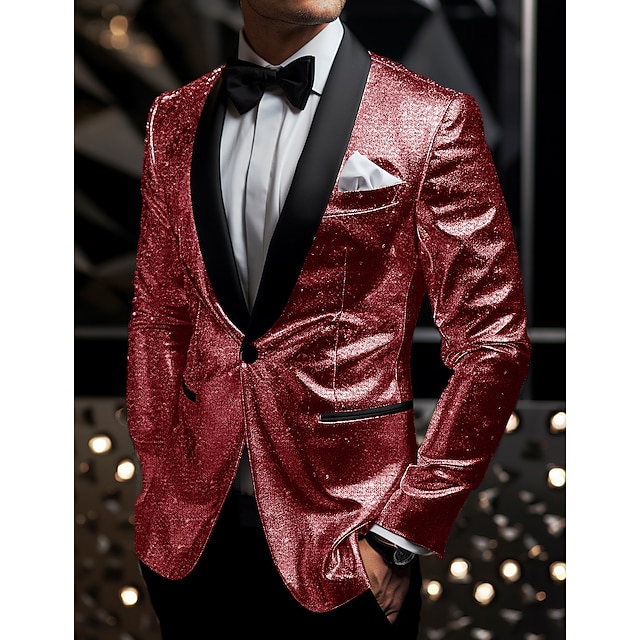  Men's Graduation Blazer Business Cocktail Party Wedding Party Fashion Casual Spring &  Fall Polyester Sequin Pocket Buttons Comfortable Single Breasted Blazer Silver Black Burgundy Royal Blue