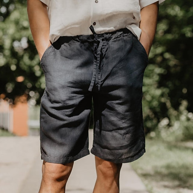  Men's Shorts Linen Shorts Summer Shorts Pocket Drawstring Elastic Waist Plain Comfort Breathable Short Casual Daily Holiday Fashion Classic Style Black White
