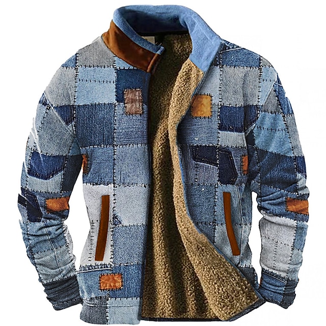 Men's Graphic Patchwork Sweatshirts Zip Sweatshirt Fleece Jacket Outerwear Long Sleeve Sweatshirt Stand Collar Daily Casual Vintage Retro Vacation Holiday Going out Fleece Winter