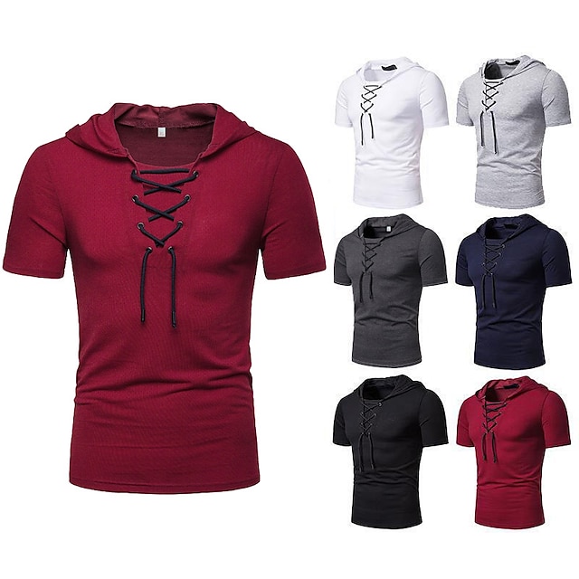  Men's Summer Shirt T shirt Tee Hooded Short Sleeve Sports & Outdoor Vacation Going out Casual Daily Soft Plain Wine Red Black Activewear Fashion Sport