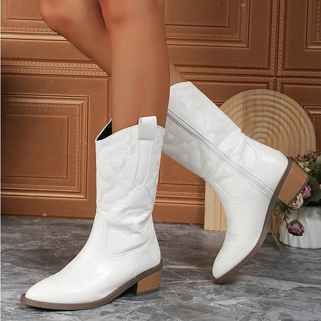  Women's Boots Cowboy Boots Metallic Boots Riding Boots Outdoor Daily Mid Calf Boots Embroidery Block Heel Low Heel Pointed Toe Vintage Fashion Casual Walking Faux Leather PU Zipper Silver Black White