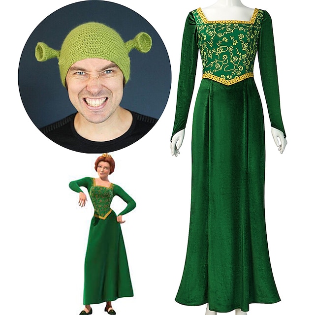  set med fiona maxi klänning shrek stickad mössa 2 st par cosplay kostym kvinnor prinsessa fiona klänning shrek medeltida renässans klänning långa ärmar grön klänning klänning klänning klänning